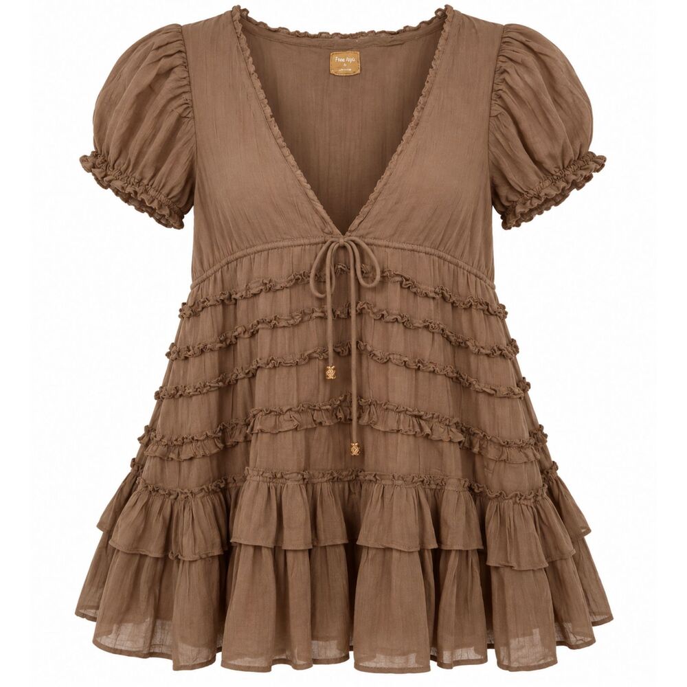 Free People Brown Tan Ruffle Darcy Mini Dress